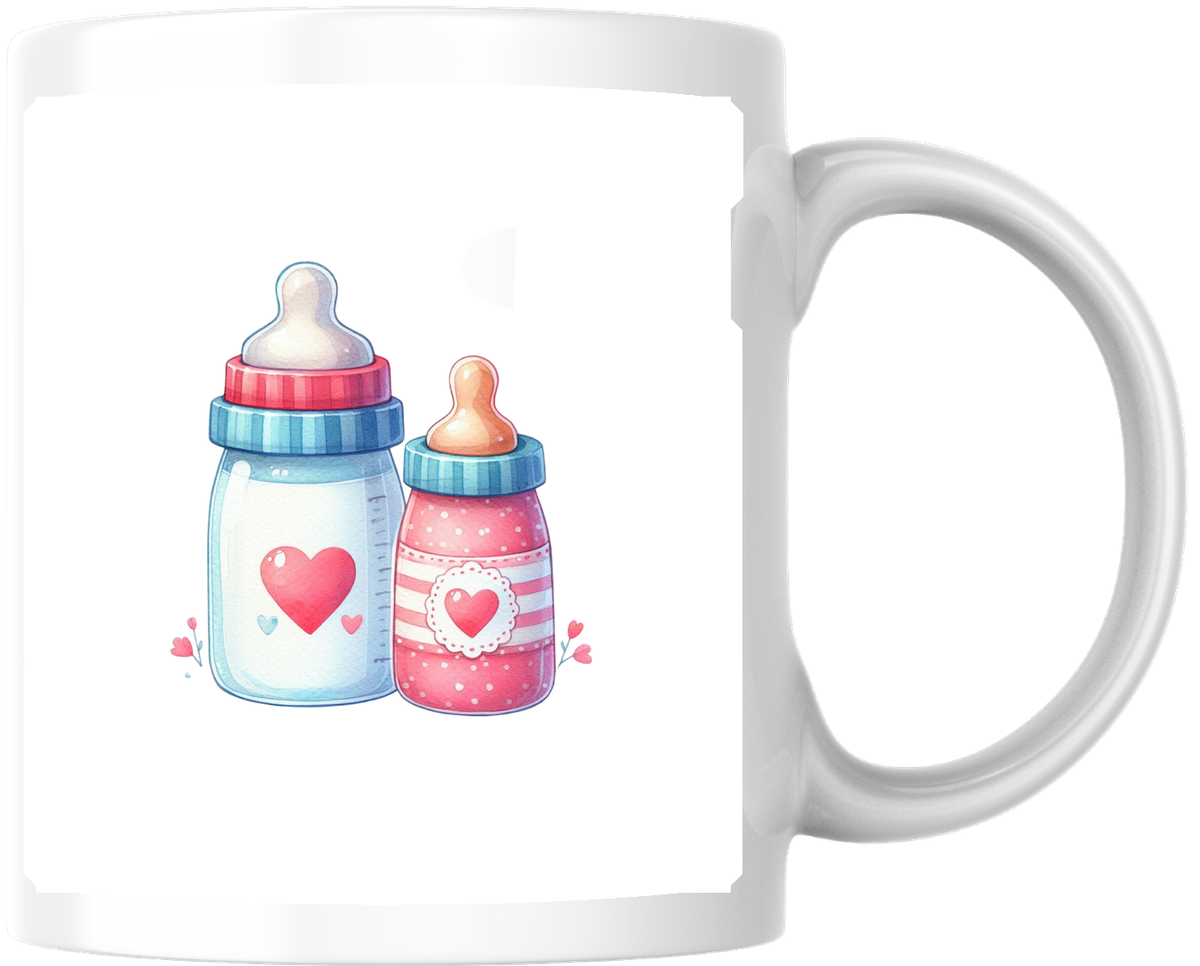 Baby Bottles Heart Mug | Cute Pink & Blue Baby Shower Coffee Mug | New Parent Gift