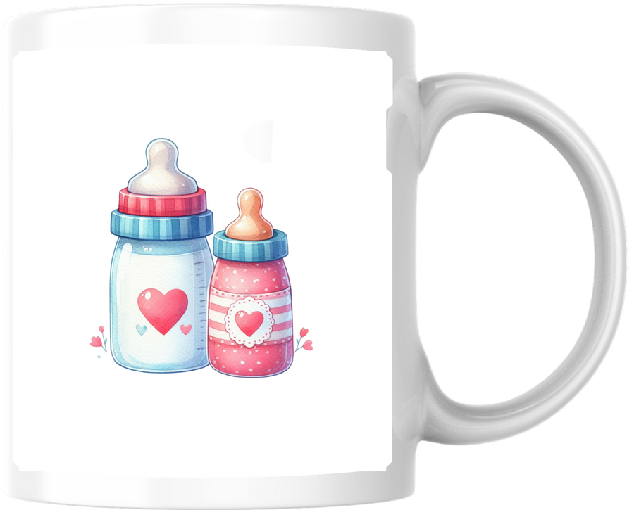 Baby Bottles Heart Mug | Cute Pink & Blue Baby Shower Coffee Mug | New Parent Gift