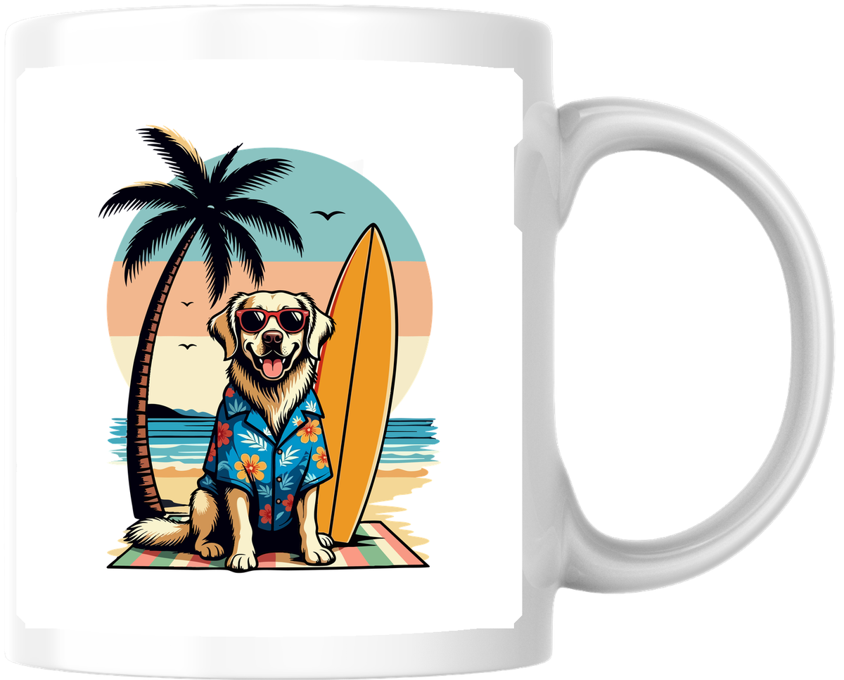 Surfing Beach Dog Mug | Retro Tropical Golden Retriever Coffee Mug | Dog Lover Gift