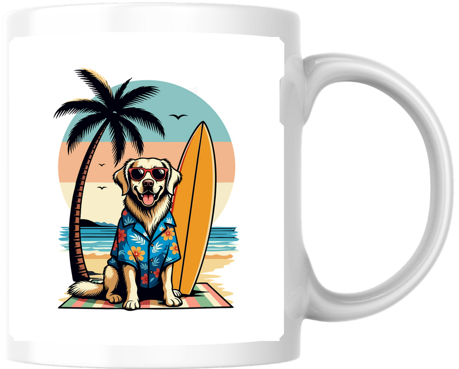Surfing Beach Dog Mug | Retro Tropical Golden Retriever Coffee Mug | Dog Lover Gift