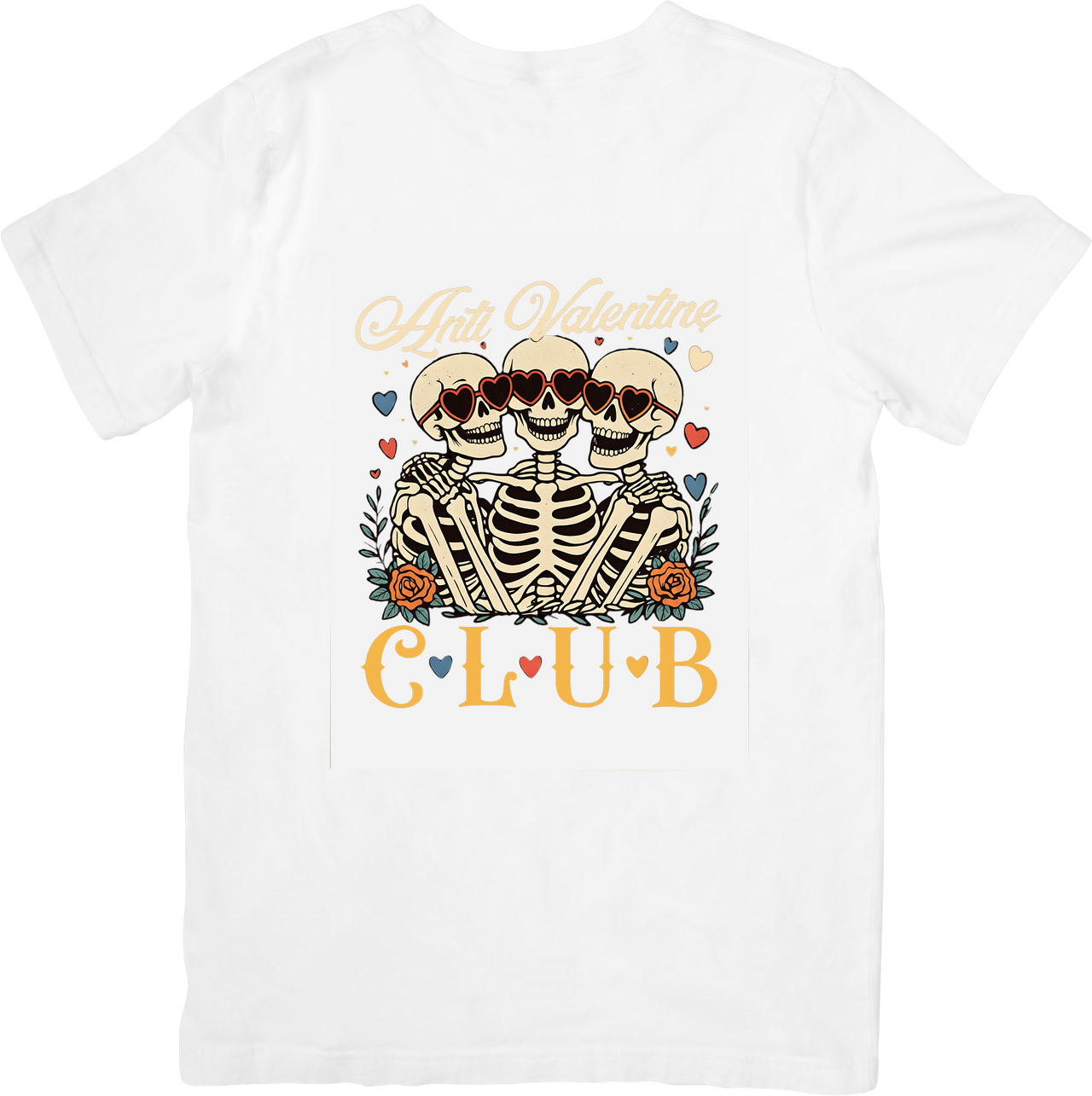 Anti Valentine Club Skeleton T-Shirt | Retro Boho Floral Skulls Graphic Tee | Singles Gift