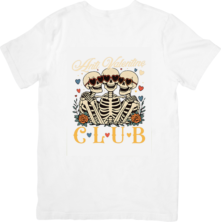 Anti Valentine Club Skeleton T-Shirt | Retro Boho Floral Skulls Graphic Tee | Singles Gift