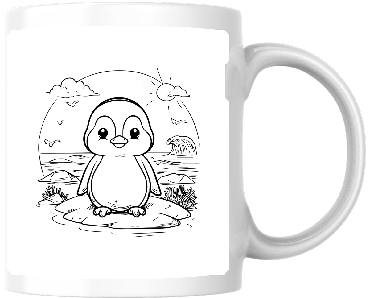 Cute Penguin Beach Mug | Line Art Coloring Coffee Mug | Kids Animal Gift