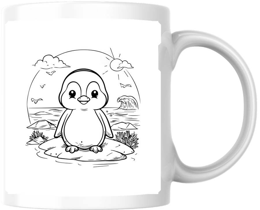 Cute Penguin Beach Mug | Line Art Coloring Coffee Mug | Kids Animal Gift