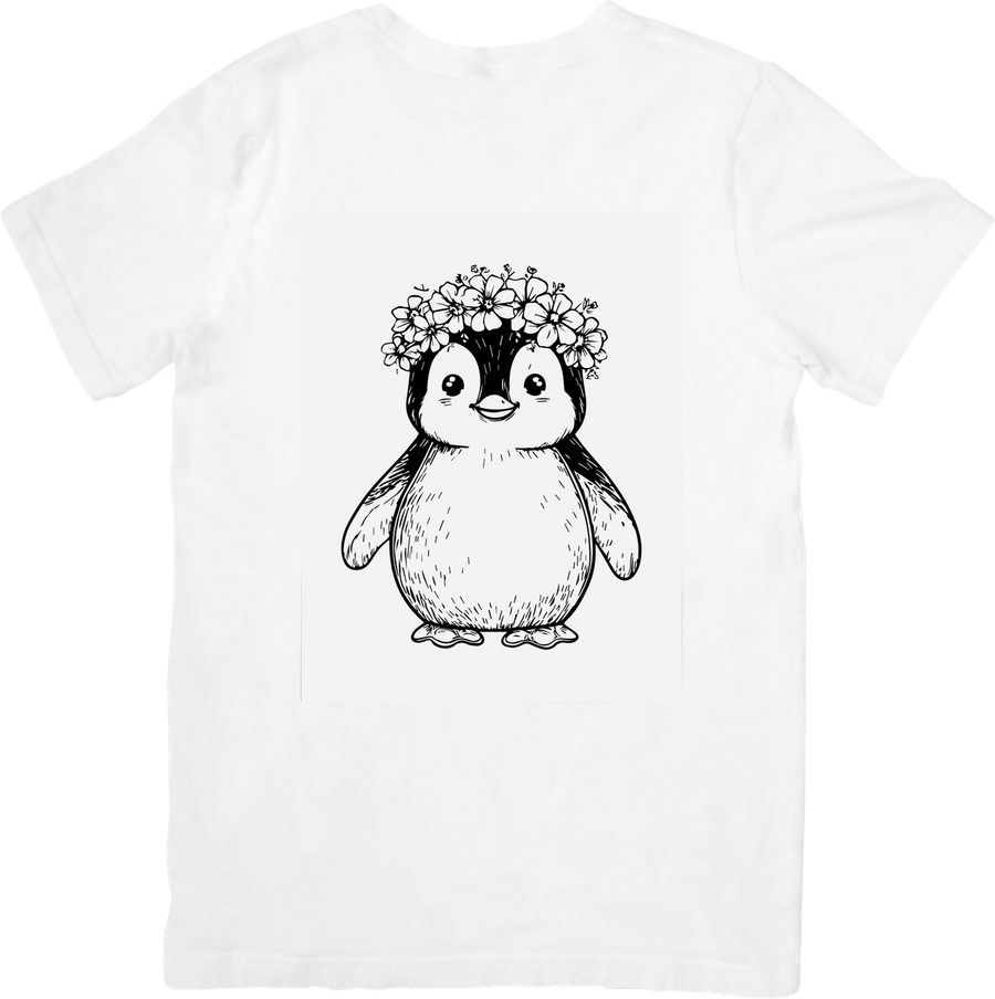 Penguin with Flower Crown T-Shirt | Cute Sketch Animal Graphic Tee | Kids Nature Gift