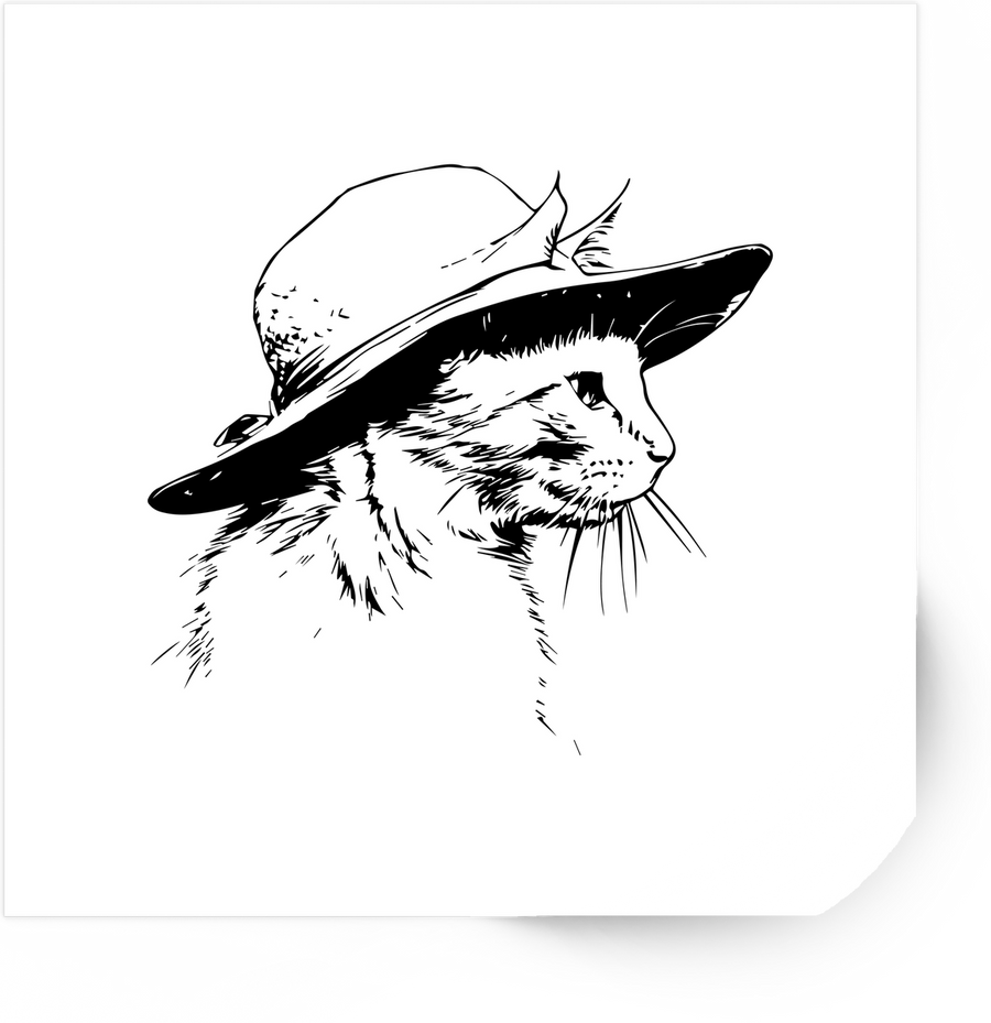 Cat In A Hat Sketch Sticker | Black & White Line Art Vinyl Decal | Cat Lover Gift