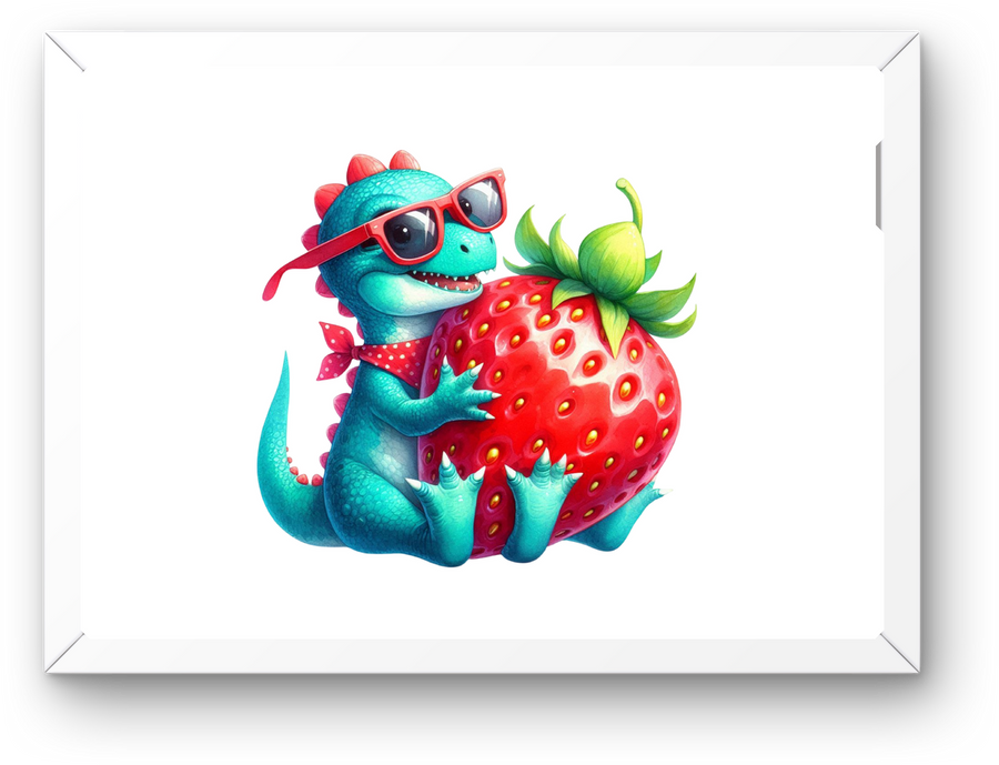 Cool Dinosaur Strawberry Wall Art | Cute Dino in Sunglasses Print | Kids Room Fruit Gift