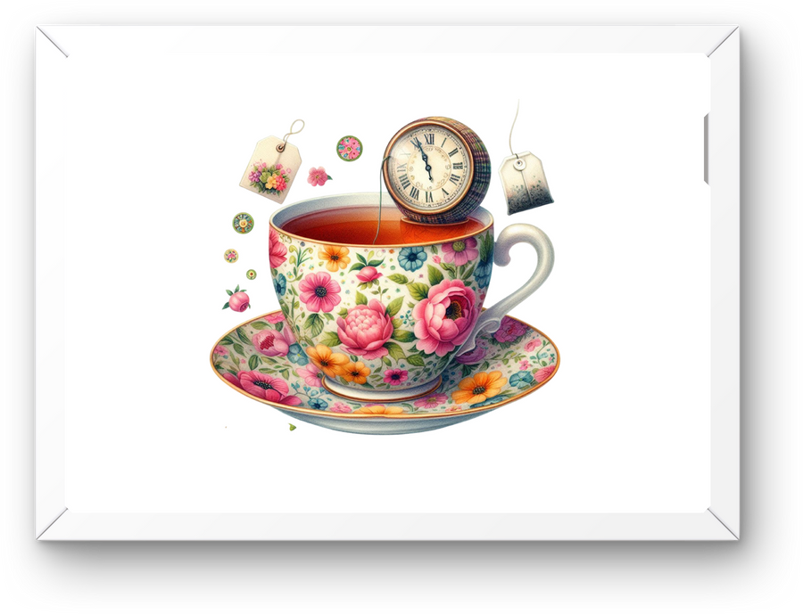 Floral Teacup & Clock Wall Art | Watercolor Tea Time Print | Tea Lover Kitchen Gift