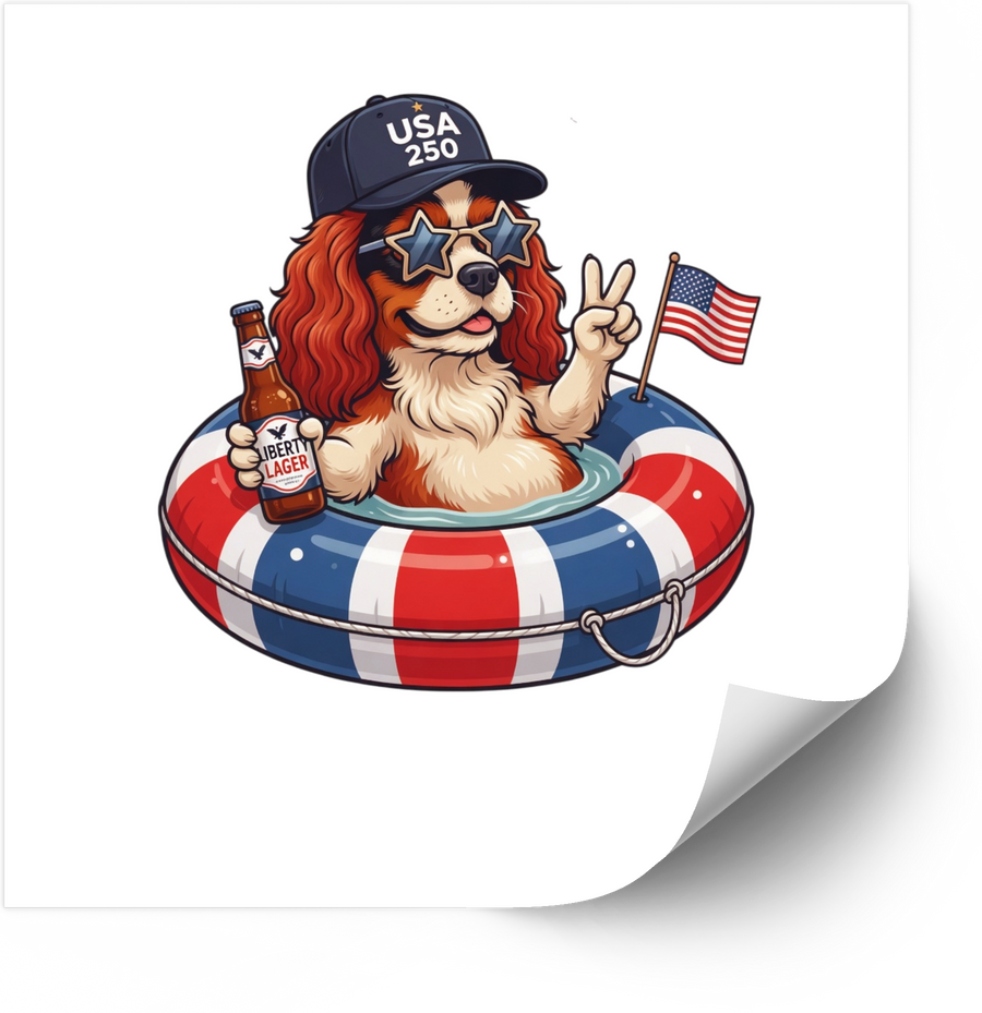 USA 250 Dog Float Party Sticker | Funny Patriotic Cavalier Summer Vinyl Decal