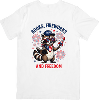 Thumbnail for Books Fireworks And Freedom Raccoon T-Shirt | Patriotic Funny Fourth Of July Graphic Tee