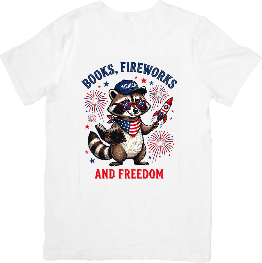 Books Fireworks And Freedom Raccoon T-Shirt | Patriotic Funny Fourth Of July Graphic Tee