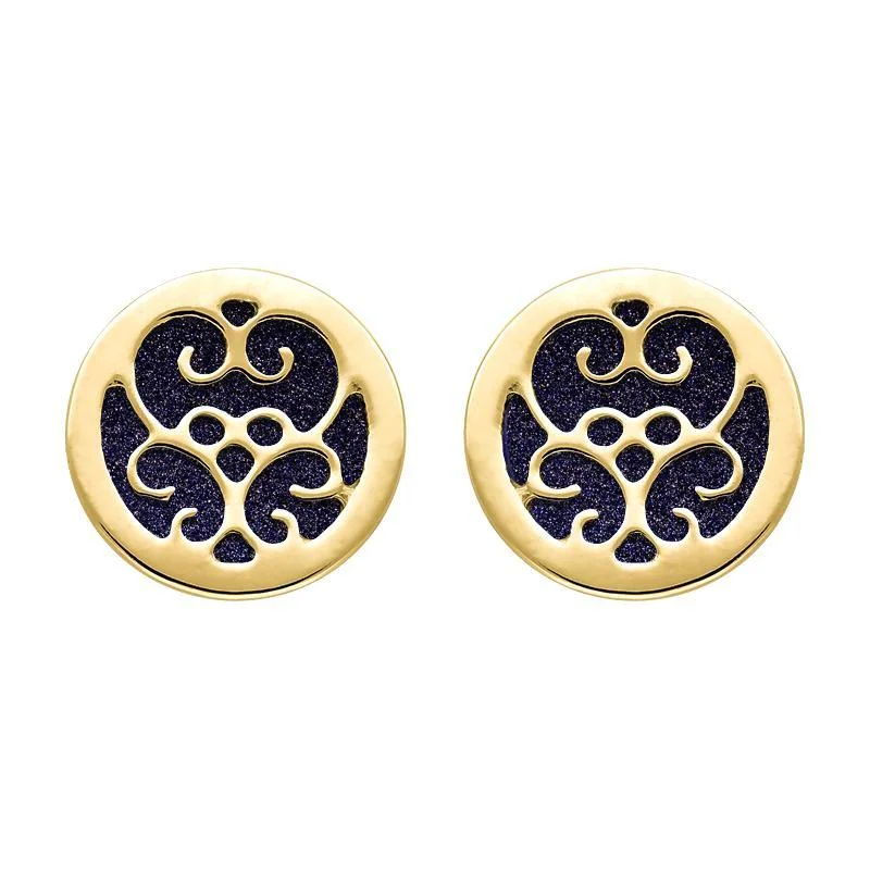 9ct Yellow Gold Blue Goldstone Flore Filigree Stud Earrings