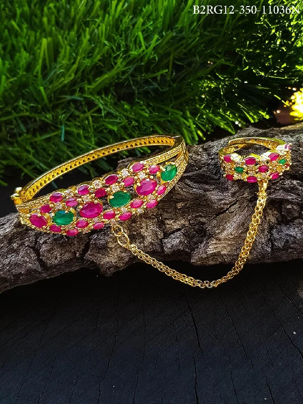 Gold Plated Adjustable Size Cocktail Finger ring with Bracelet free size Zercon ruby Stones 11036N Gold Plated Adjustable Size Cocktail Finger ring with Bracelet free size Zercon ruby Stones 11036N