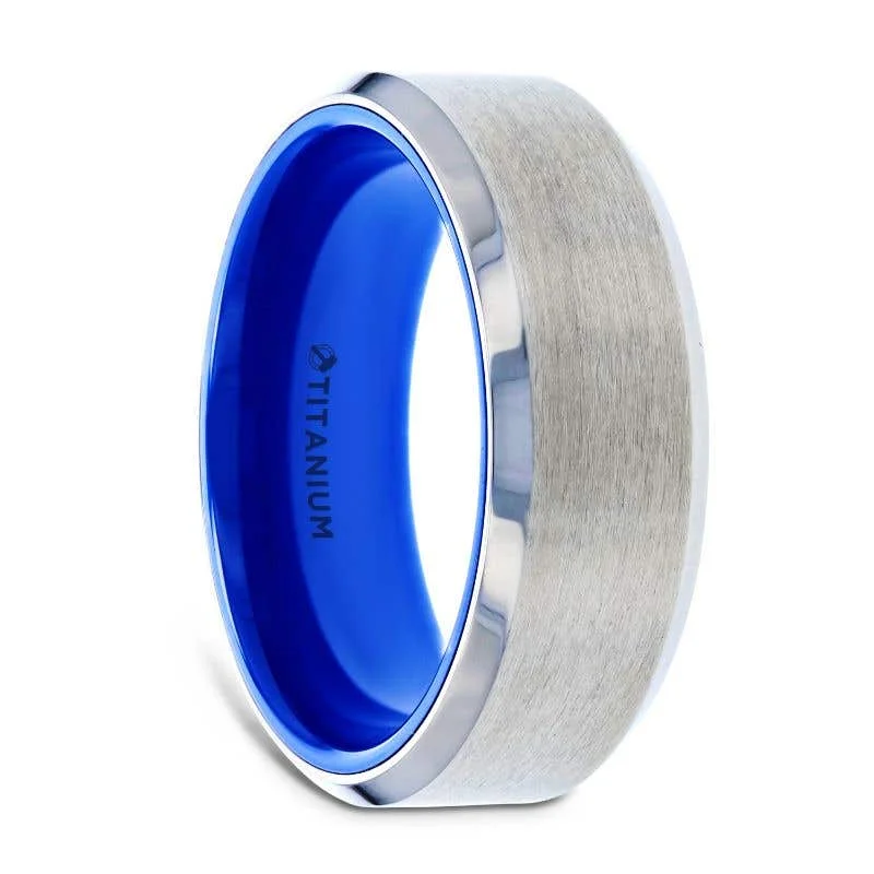 Men's stackable rings for a layered lookThorsten ARCTIC Flat Beveled Edges Titanium Ring with Brushed Center and Vibrant Blue Inside - 8mm