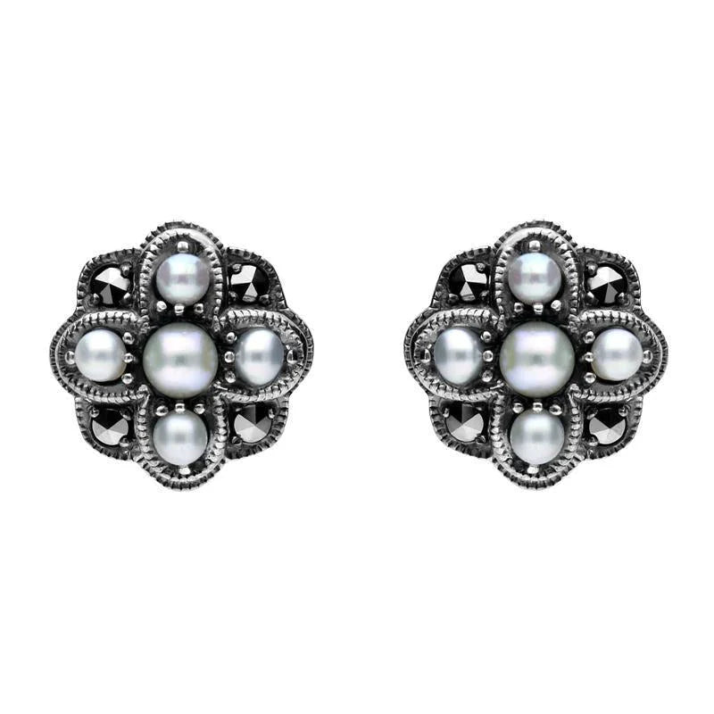 Sterling Silver Pearl and Marcasite Four Petal Flower Stud Earrings