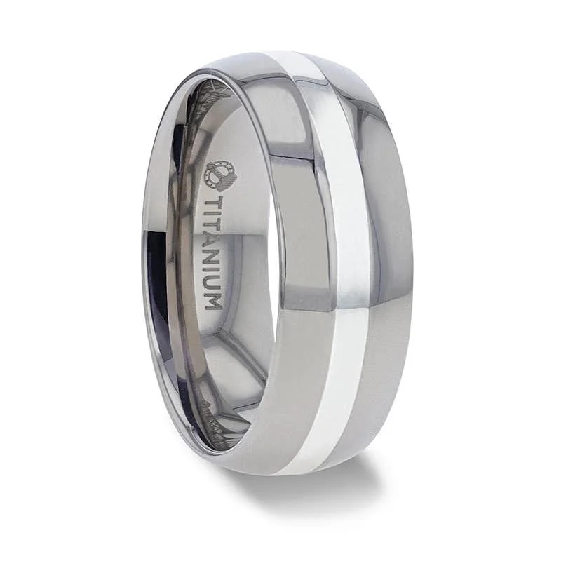 Men's laser - engraved rings with custom messagesThorsten ZILVER Sterling Silver Inlay Titanium Wedding Ring with Domed Polished Edges - 6mm & 8mm Men's laser - engraved rings with custom messagesThorsten ZILVER Sterling Silver Inlay Titanium Wedding Ring with Domed Polished Edges - 6mm & 8mm