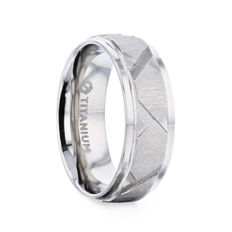 Men's high - quality handmade rings for artisanal appealThorsten VIRAGE Raised Horizontal Etch and Diagonal Shaped Cuts Centered Titanium Men's Wedding Ring With Polished Step Edges - 8mm Men's high - quality handmade rings for artisanal appealThorsten VIRAGE Raised Horizontal Etch and Diagonal Shaped Cuts Centered Titanium Men's Wedding Ring With Polished Step Edges - 8mm