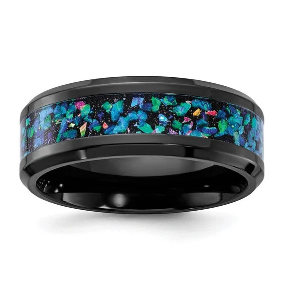Men's ruby - adorned rings for a bold red colorBlack Zirconium with Black & Blue Imitation Opal Inlay 8mm Men's Band Men's ruby - adorned rings for a bold red colorBlack Zirconium with Black & Blue Imitation Opal Inlay 8mm Men's Band