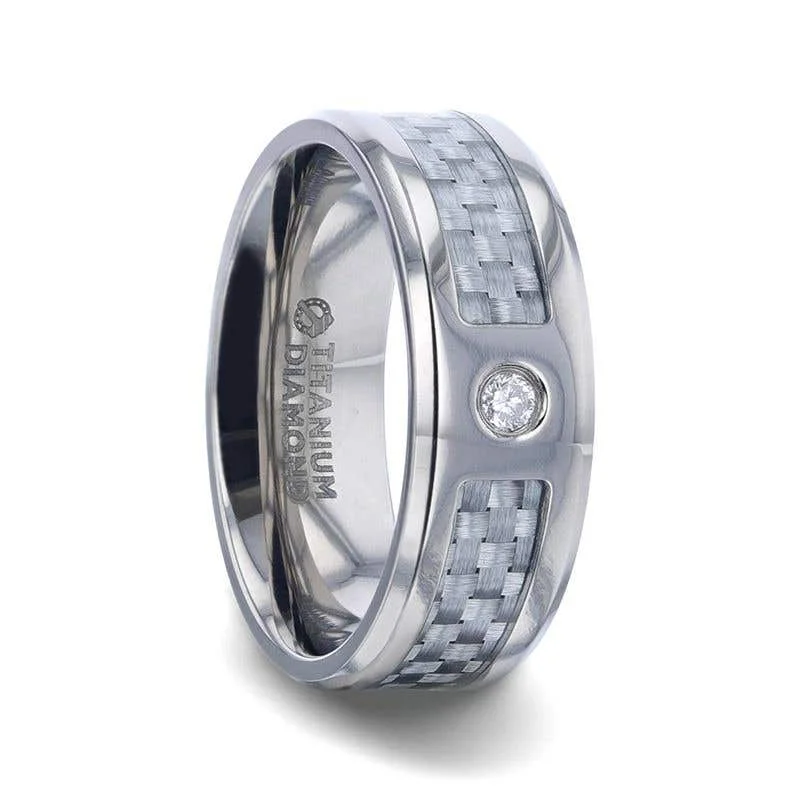 Men's music - note rings for musiciansThorsten MAYBACH Light Gray Carbon Fiber Titanium Men's Wedding Band with White Diamond In The Squared Center Setting And Polished Beveled Edges - 8mm Men's music - note rings for musiciansThorsten MAYBACH Light Gray Carbon Fiber Titanium Men's Wedding Band with White Diamond In The Squared Center Setting And Polished Beveled Edges - 8mm