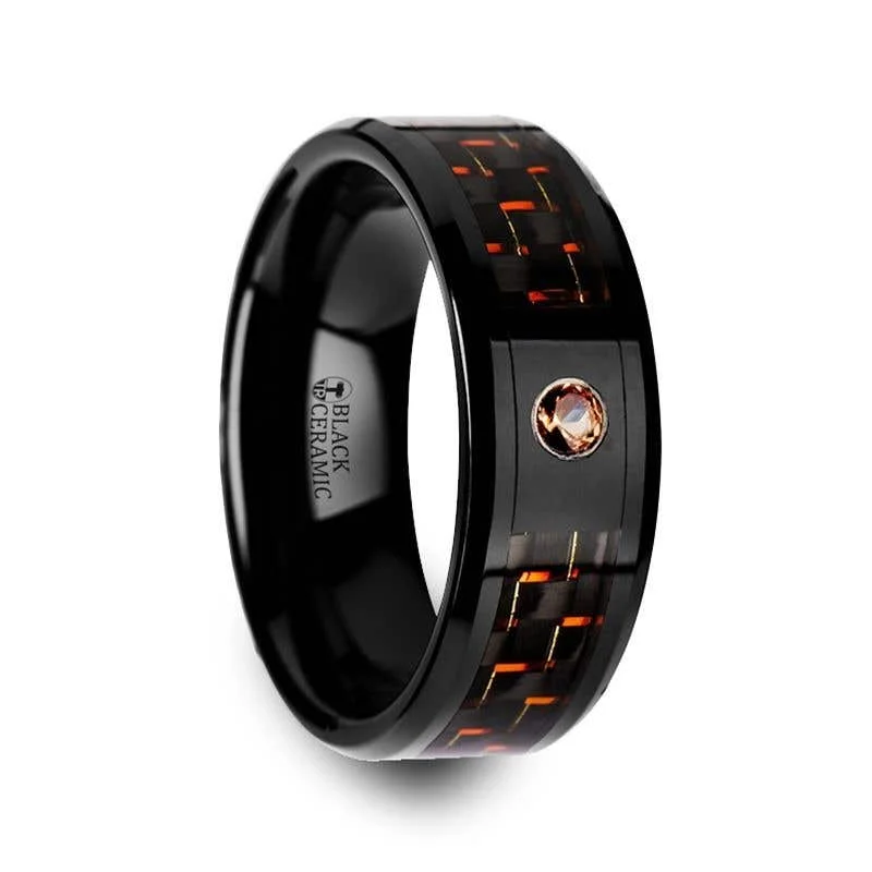 Men's emerald - encrusted rings for a rich green toneThorsten HELSING Black Ceramic Ring Black Orange Carbon Fiber Padparadscha Sapphire Setting - 8mm Men's emerald - encrusted rings for a rich green toneThorsten HELSING Black Ceramic Ring Black Orange Carbon Fiber Padparadscha Sapphire Setting - 8mm
