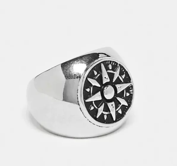 Men's meteorite - inlay rings for a cosmic touchSilver Serenity Compass Ring