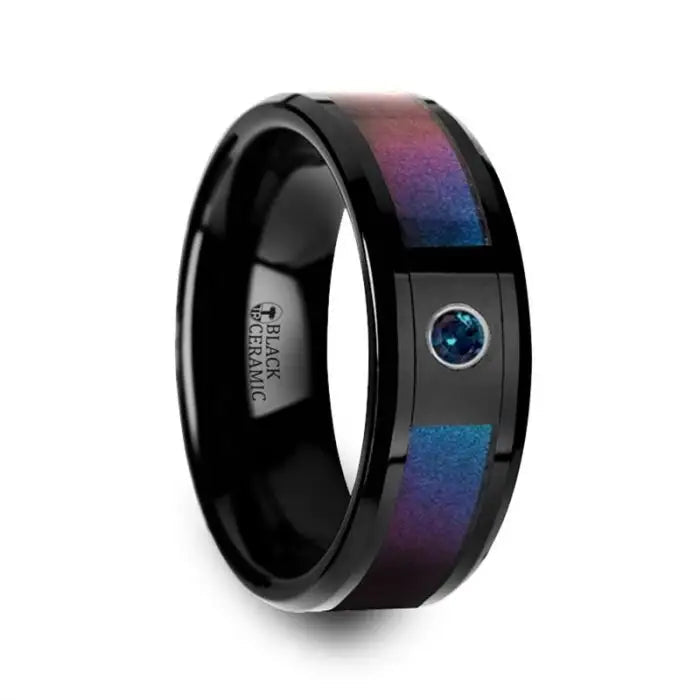 Men's budget - friendly rings for cost - conscious shoppersThorsten KLEIN Black Ceramic Ring Blue & Purple Color Changing Inlay Alexandrite Setting - 8mm Men's budget - friendly rings for cost - conscious shoppersThorsten KLEIN Black Ceramic Ring Blue & Purple Color Changing Inlay Alexandrite Setting - 8mm