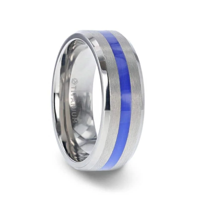 Men's two - tone rings combining silver and goldThorsten BARRY Blue Stripe Inlaid Titanium Flat Brushed Men's Wedding Ring With Beveled Polished Edges - 8mm Men's two - tone rings combining silver and goldThorsten BARRY Blue Stripe Inlaid Titanium Flat Brushed Men's Wedding Ring With Beveled Polished Edges - 8mm