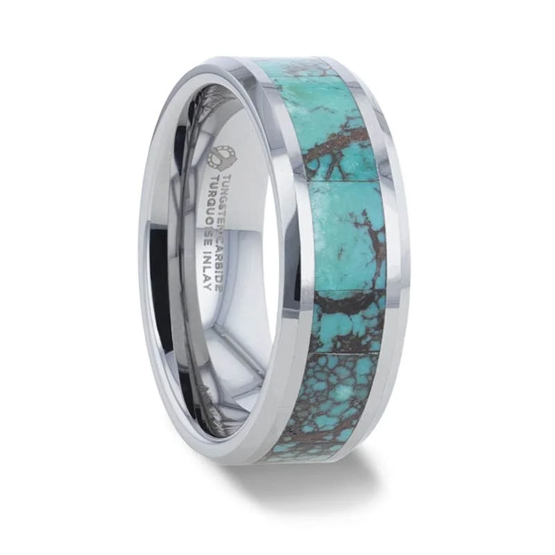 Men's infinity - symbol rings for a romantic meaningThorsten TURKIS Turquoise Spider Web Inlay Tungsten Carbide ring with Beveled Polished Edges - 8mm Men's infinity - symbol rings for a romantic meaningThorsten TURKIS Turquoise Spider Web Inlay Tungsten Carbide ring with Beveled Polished Edges - 8mm