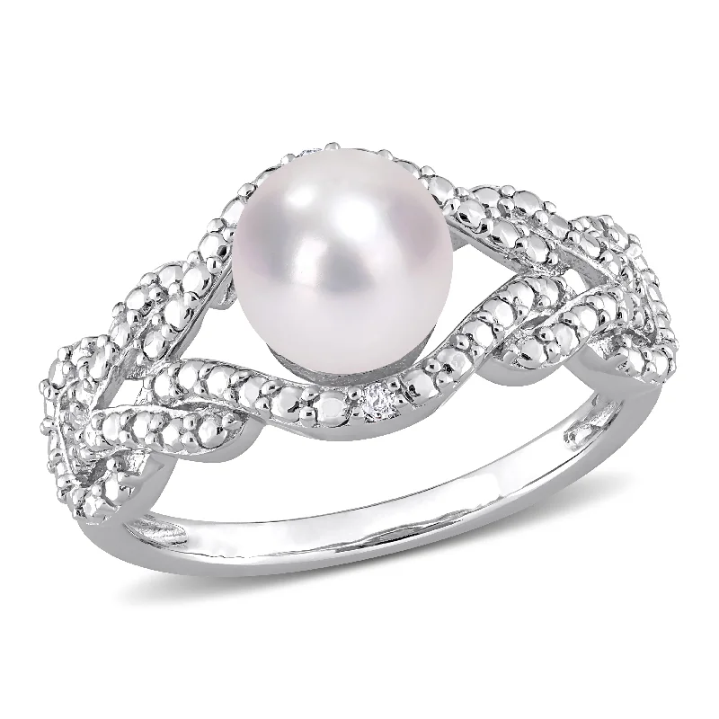 Miadora 7-7.5mm Cultured Freshwater Pearl and Diamond Accent Infinity Ring in Sterling Silver Miadora 7-7.5mm Cultured Freshwater Pearl and Diamond Accent Infinity Ring in Sterling Silver