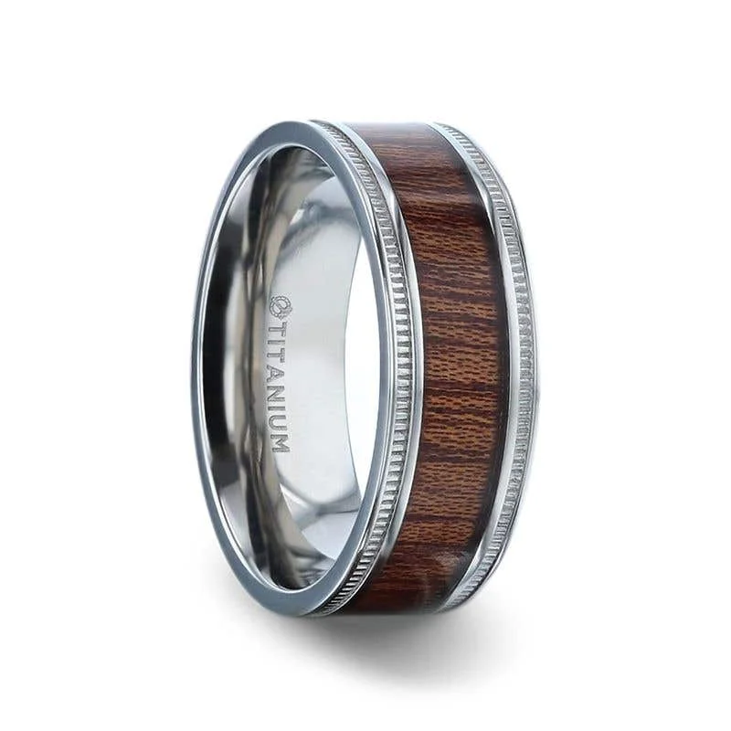 Men's anti - allergy rings for sensitive skinThorsten MOCHA Koa Wood Inlaid Titanium Men's Wedding Ring With Polished Milgrain Edges - 8mm Men's anti - allergy rings for sensitive skinThorsten MOCHA Koa Wood Inlaid Titanium Men's Wedding Ring With Polished Milgrain Edges - 8mm