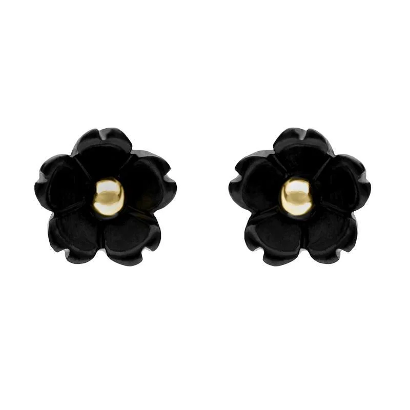 9ct Yellow Gold Whitby Jet Tuberose 6mm Flower Stud Earrings