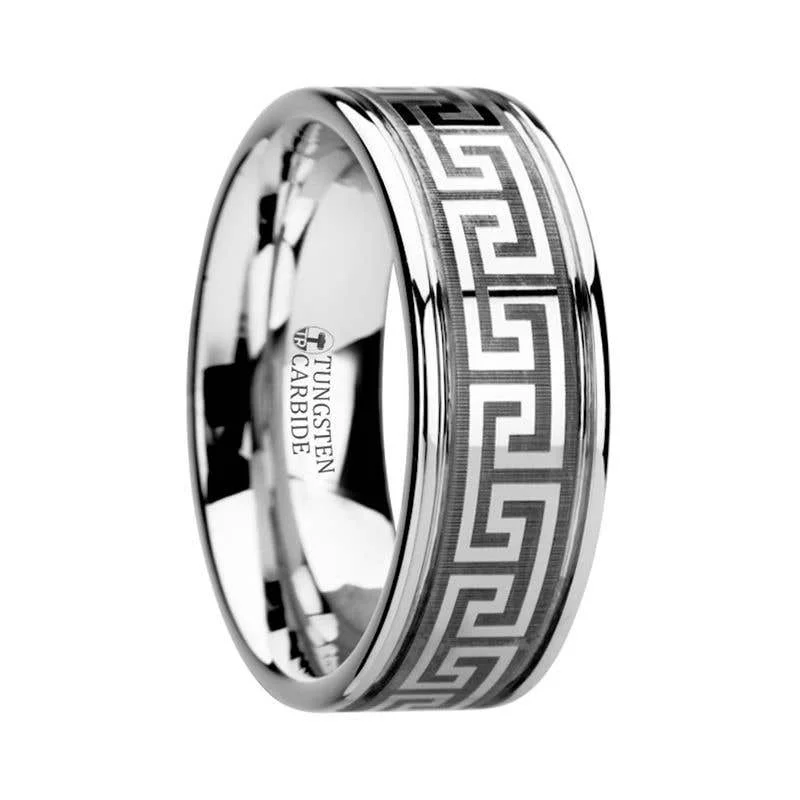 Men's oxidized silver rings for an antique lookThorsten THASOS Grooved Tungsten Carbide Wedding Band with Greek Key Meander Design - 8mm Men's oxidized silver rings for an antique lookThorsten THASOS Grooved Tungsten Carbide Wedding Band with Greek Key Meander Design - 8mm
