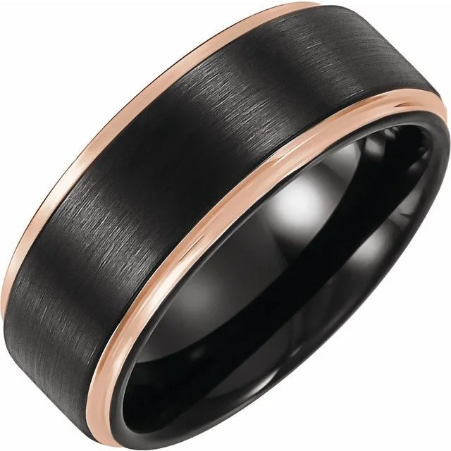 Men's stackable rings for a layered look18K Rose Gold PVD and Black PVD Tungsten Flat Grooved Band 6mm or 8mm Men's stackable rings for a layered look18K Rose Gold PVD and Black PVD Tungsten Flat Grooved Band 6mm or 8mm