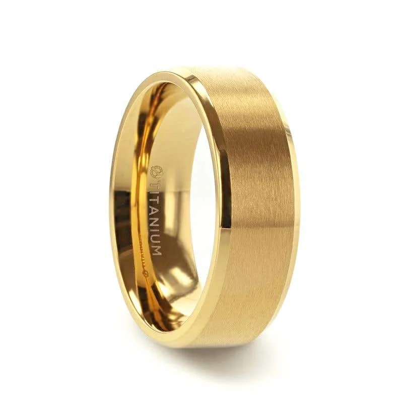 Men's animal - print rings with leopard or snake patternsThorsten RADIATE Gold-Plated Titanium Flat Brushed Center Men's Wedding Ring With Beveled Polished Edges - 8mm Men's animal - print rings with leopard or snake patternsThorsten RADIATE Gold-Plated Titanium Flat Brushed Center Men's Wedding Ring With Beveled Polished Edges - 8mm