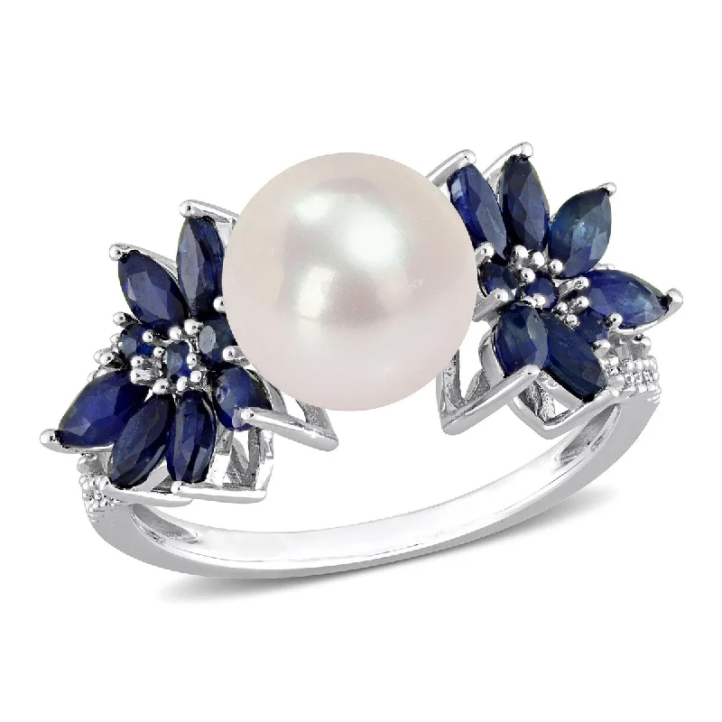 Miadora 9-9.5mm Cultured Freshwater Pearl 3/8ct TGW Sapphire 1/8ct TW Diamond Ring in 14k White Gold Miadora 9-9.5mm Cultured Freshwater Pearl 3/8ct TGW Sapphire 1/8ct TW Diamond Ring in 14k White Gold