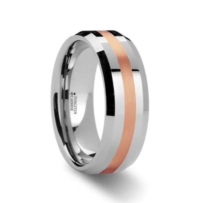 Men's classic silver wedding rings with simple bandsCHIRON Rose Gold Inlaid Beveled Tungsten Ring Men's classic silver wedding rings with simple bandsCHIRON Rose Gold Inlaid Beveled Tungsten Ring