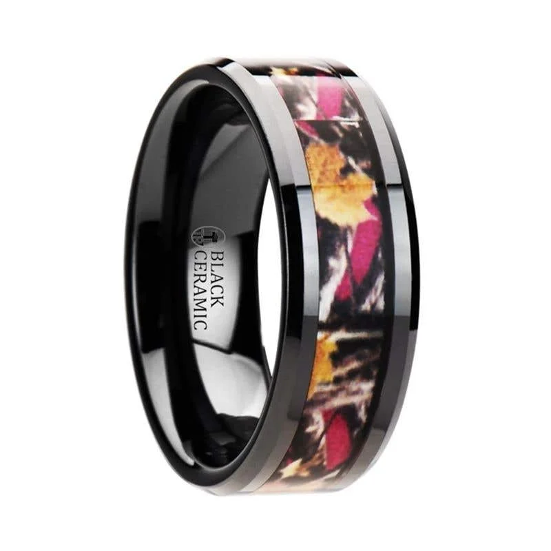 Men's laser - engraved rings with custom messagesThorsten LAUREL Realistic Tree Camo Black Ceramic Wedding Band with Real Pink Oak Leaves - 6mm - 8mm Men's laser - engraved rings with custom messagesThorsten LAUREL Realistic Tree Camo Black Ceramic Wedding Band with Real Pink Oak Leaves - 6mm - 8mm