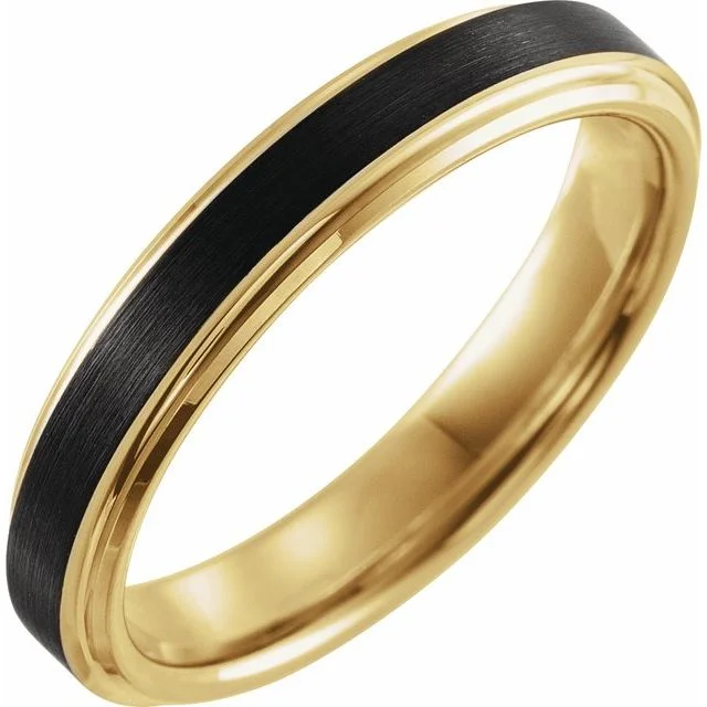 Men's emerald - encrusted rings for a rich green tone18K Yellow Gold PVD & Black PVD Tungsten 4 mm Band with Satin Finish Men's emerald - encrusted rings for a rich green tone18K Yellow Gold PVD & Black PVD Tungsten 4 mm Band with Satin Finish