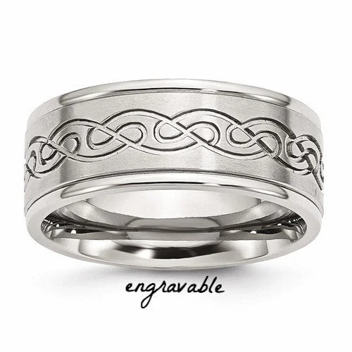 Men's tungsten carbide rings with a brushed textureStainless Steel Scroll Design 9mm Brushed & Polished Ridged Edge Band Men's tungsten carbide rings with a brushed textureStainless Steel Scroll Design 9mm Brushed & Polished Ridged Edge Band
