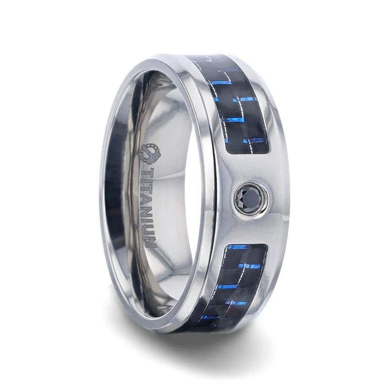 Men's laser - engraved rings with custom messagesThorsten PACIFIC Black And Blue Carbon Fiber Inlaid Titanium Men's Wedding Band With Beveled Polished Edges and Black Sapphire Center Stone Men's laser - engraved rings with custom messagesThorsten PACIFIC Black And Blue Carbon Fiber Inlaid Titanium Men's Wedding Band With Beveled Polished Edges and Black Sapphire Center Stone