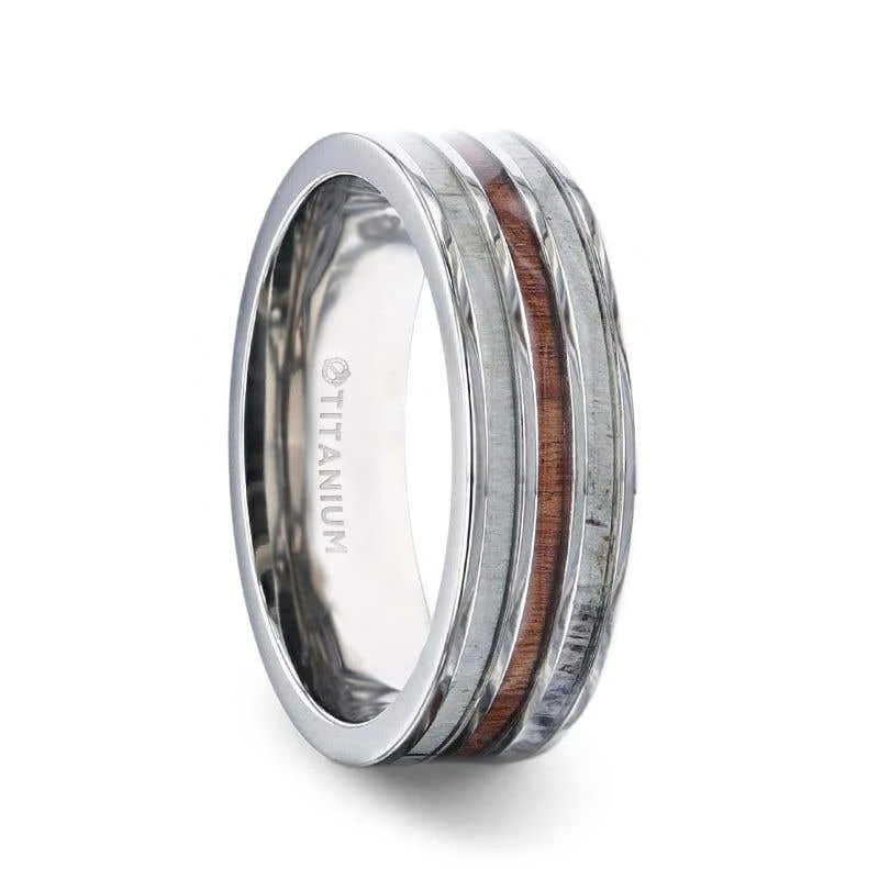 Men's shock - resistant rings for durabilityThorsten TRIPOLI Wood Inlaid Titanium Flat Polished Finish Men's Wedding Ring With White Double Deer Antler Edges - 8mm Men's shock - resistant rings for durabilityThorsten TRIPOLI Wood Inlaid Titanium Flat Polished Finish Men's Wedding Ring With White Double Deer Antler Edges - 8mm