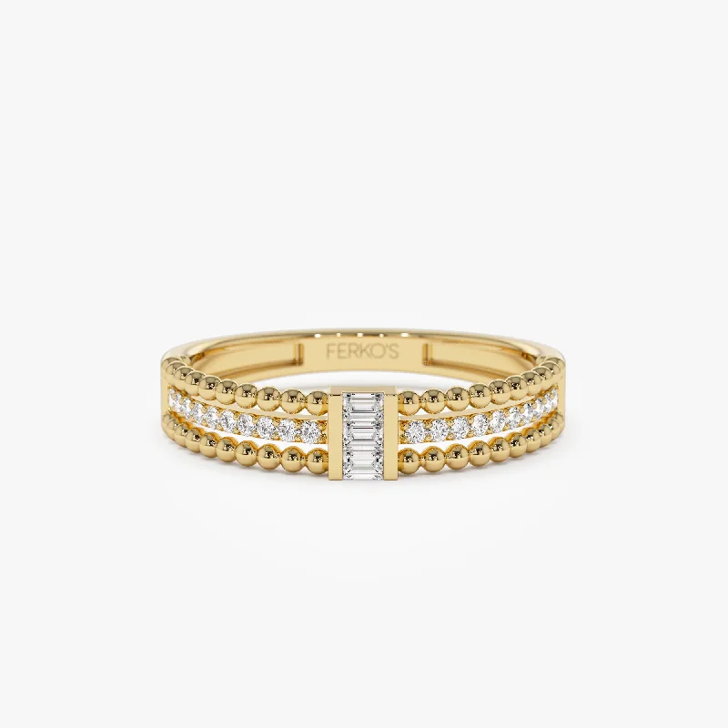 Pear - Shaped Women's Diamond Rings in Yellow Gold with a Single - Diamond Pendant Look14k Beaded Baguette and Round Diamond Ring Pear - Shaped Women's Diamond Rings in Yellow Gold with a Single - Diamond Pendant Look14k Beaded Baguette and Round Diamond Ring