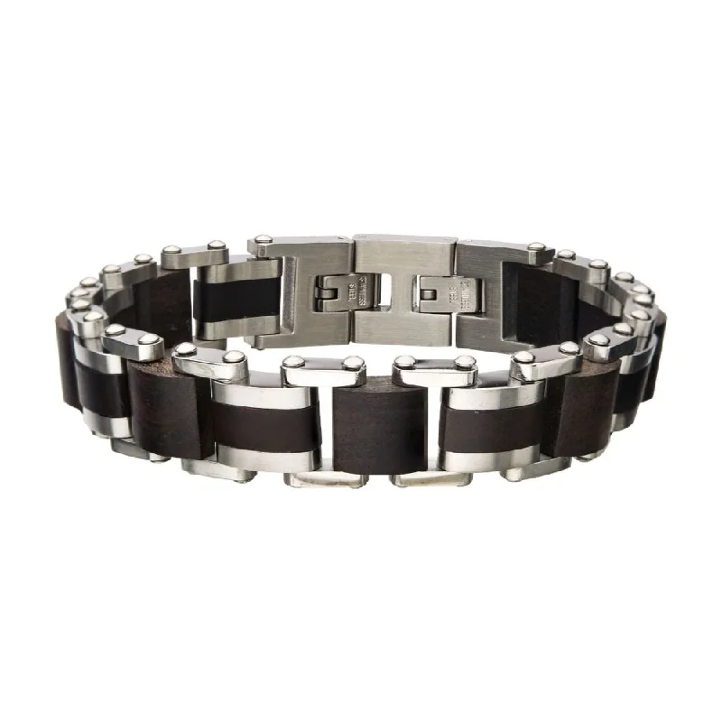 Men's Damascus - steel rings with a unique patternStainless Steel with Ebony Wood Link Bracelet Men's Damascus - steel rings with a unique patternStainless Steel with Ebony Wood Link Bracelet