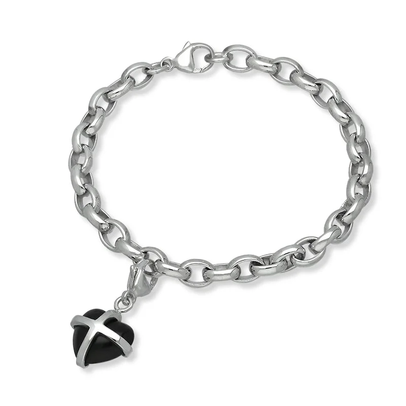 Sterling Silver Whitby Jet Small Cross Heart Charm Bracelet