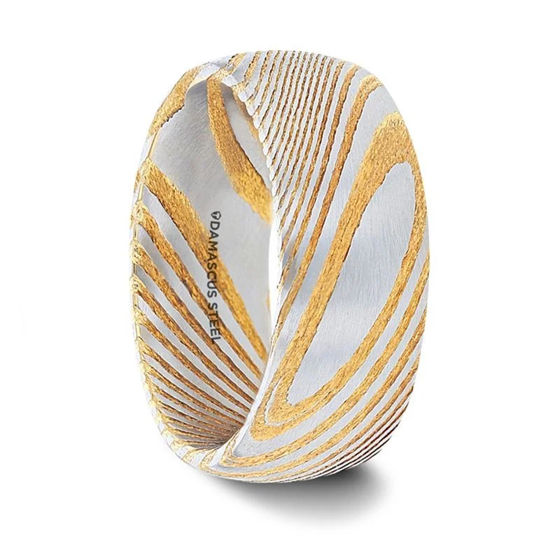 Men's animal - print rings with leopard or snake patternsThorsten CERSEI Gold Domed Brushed Damascus Steel Men’s Wedding Band with Vivid Etched Design - 6mm & 8mm Men's animal - print rings with leopard or snake patternsThorsten CERSEI Gold Domed Brushed Damascus Steel Men’s Wedding Band with Vivid Etched Design - 6mm & 8mm