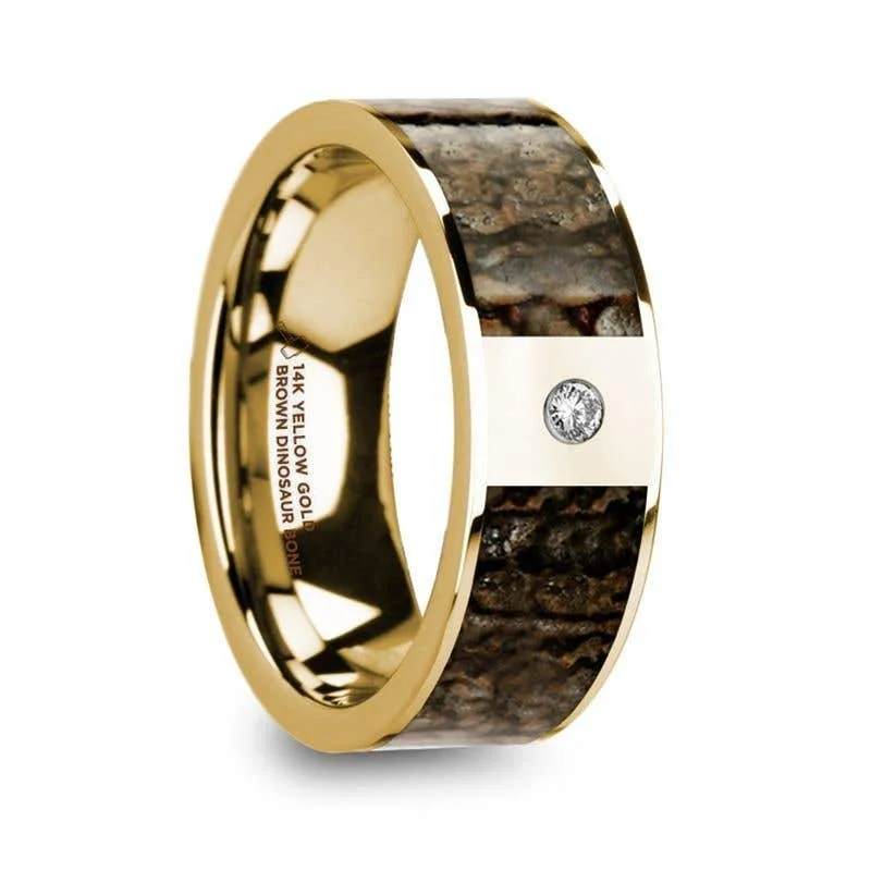 Men's laser - engraved rings with custom messagesThorsten PHILANDROS 14k Yellow Gold with Brown Dinosaur Bone Inlay Men’s Wedding Band with Diamond - 8mm Men's laser - engraved rings with custom messagesThorsten PHILANDROS 14k Yellow Gold with Brown Dinosaur Bone Inlay Men’s Wedding Band with Diamond - 8mm