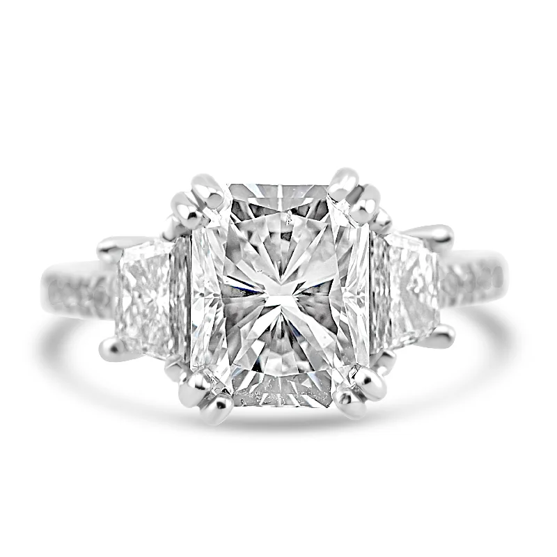18k White Gold 5.00ctw Three Stone Lab Grown Elongated Radiant and Trapezoid Diamond Engagement Ring 18k White Gold 5.00ctw Three Stone Lab Grown Elongated Radiant and Trapezoid Diamond Engagement Ring
