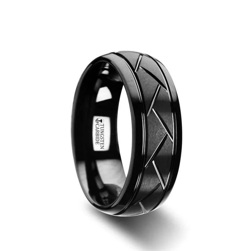 Men's budget - friendly rings for cost - conscious shoppersThorsten ENIGMA Domed Black Tungsten Ring with Brushed Cross Alternating Diagonal Cuts Pattern - 8mm Men's budget - friendly rings for cost - conscious shoppersThorsten ENIGMA Domed Black Tungsten Ring with Brushed Cross Alternating Diagonal Cuts Pattern - 8mm