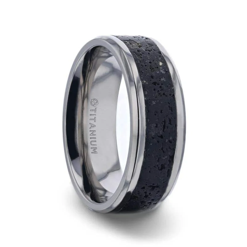 Men's citrine - studded rings for a sunny yellow shadeThorsten MAUNA Black And Gray Lava Inlaid Titanium Men's Wedding Band With Polished Beveled Edges - 8mm Men's citrine - studded rings for a sunny yellow shadeThorsten MAUNA Black And Gray Lava Inlaid Titanium Men's Wedding Band With Polished Beveled Edges - 8mm