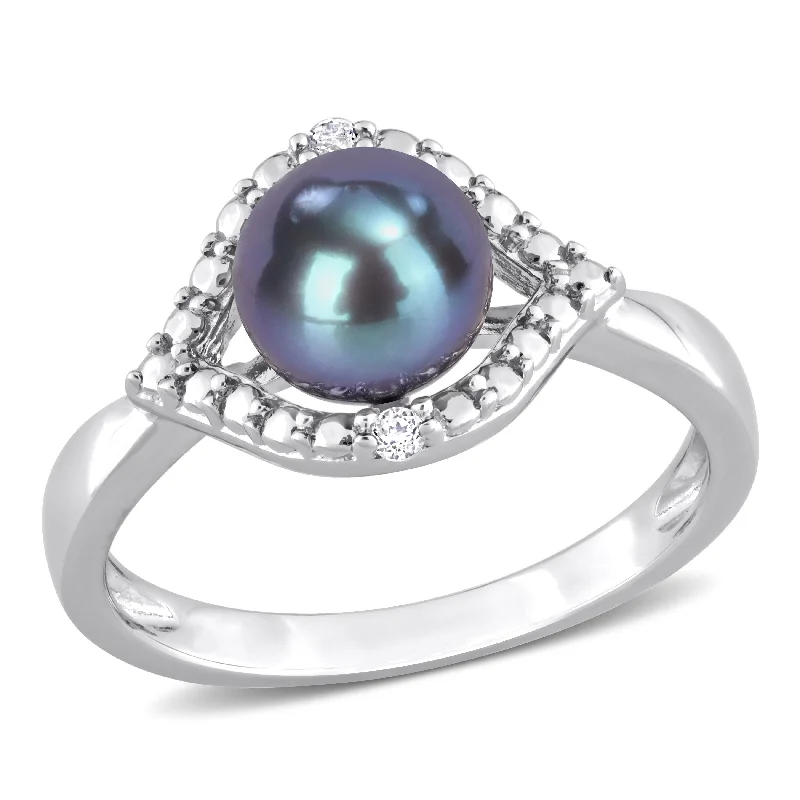 Miadora 7-7.5mm Black Cultured Freshwater Pearl and White Topaz Halo Ring in Sterling Silver Miadora 7-7.5mm Black Cultured Freshwater Pearl and White Topaz Halo Ring in Sterling Silver